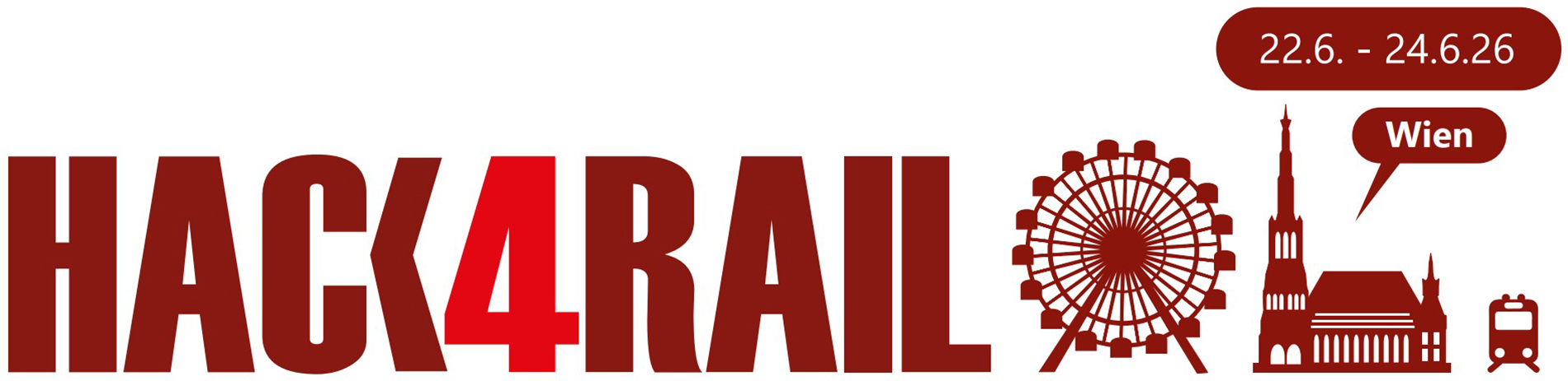 Schriftzug Hack4Rail mit Motiven von Riesenrad und Stephansdom